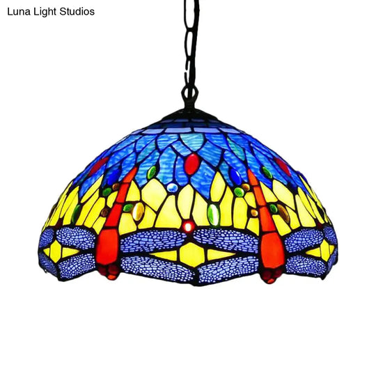 Mediterranean Blue/Green Stained Glass Dragonfly Chandelier Pendant - Kitchen Lighting 1/2 Lights