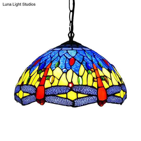 Dragonfly Chandelier Pendant - Mediterranean Blue/Green Stained Glass Kitchen Lighting 1/2 Lights