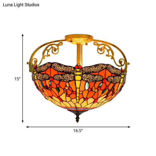 Dragonfly Cut Glass Semi Flush Mount Ceiling Light Fixture - Mediterranean Style 3 Lights