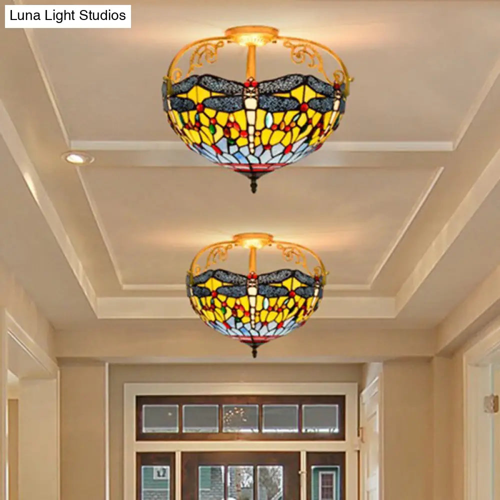 Dragonfly Cut Glass Semi Flush Mount Ceiling Light Fixture - Mediterranean Style 3 Lights