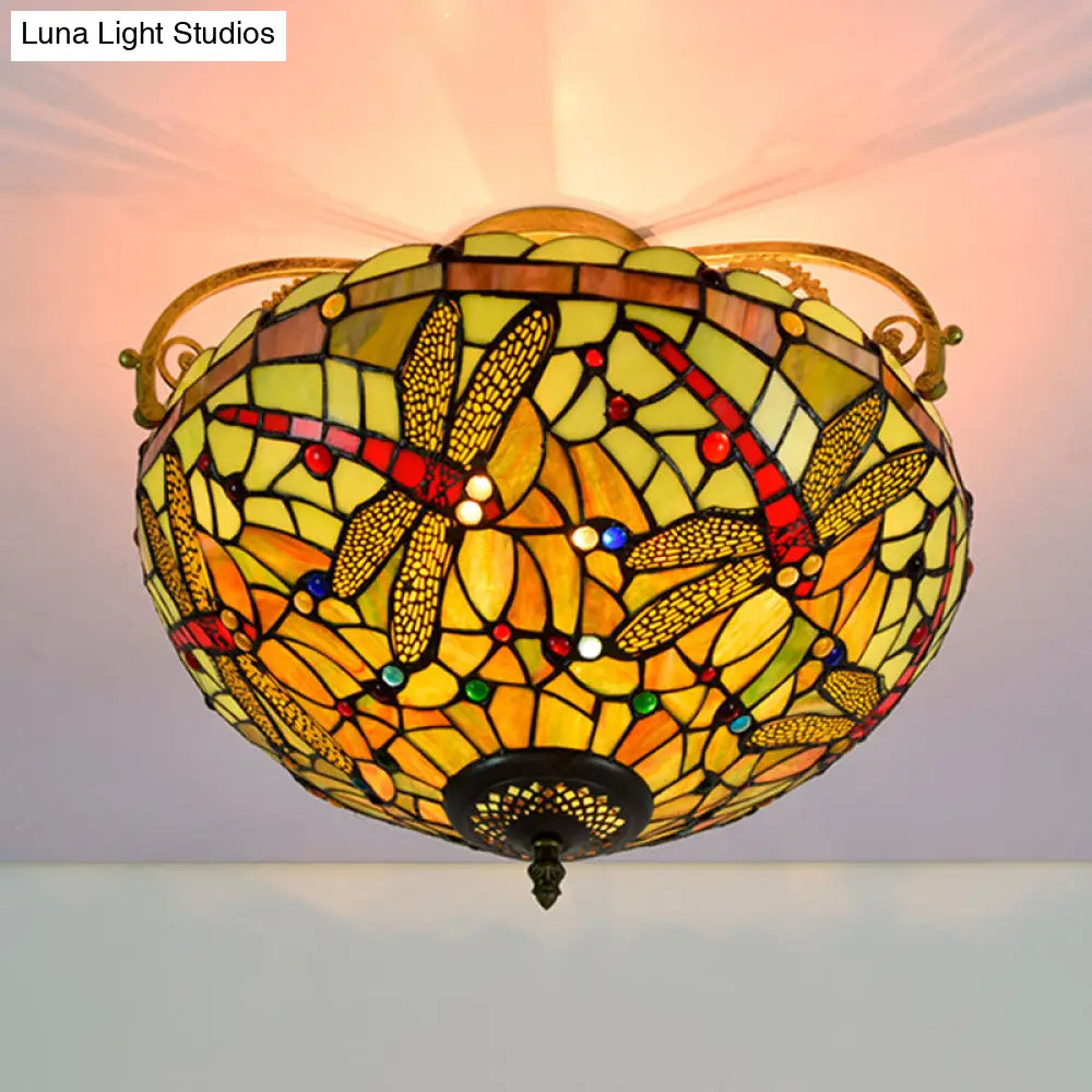 Dragonfly Cut Glass Semi Flush Mount Ceiling Light Fixture - Mediterranean Style 3 Lights