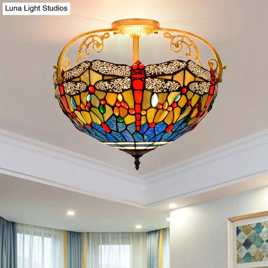 Dragonfly Cut Glass Semi Flush Mount Ceiling Light Fixture - Mediterranean Style 3 Lights