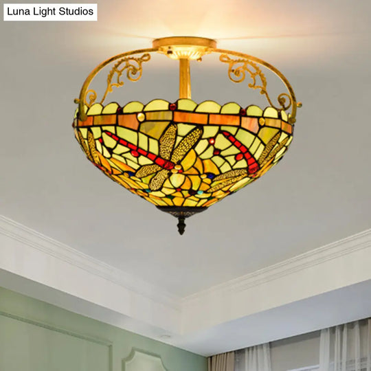 Dragonfly Cut Glass Semi Flush Mount Ceiling Light Fixture - Mediterranean Style 3 Lights