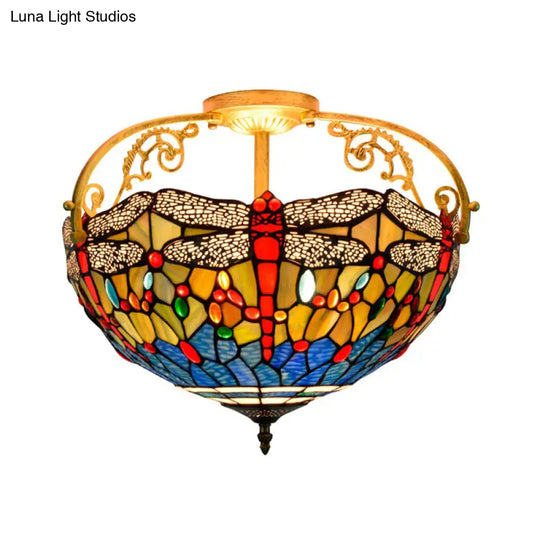 Dragonfly Cut Glass Semi Flush Mount Ceiling Light Fixture - Mediterranean Style 3 Lights