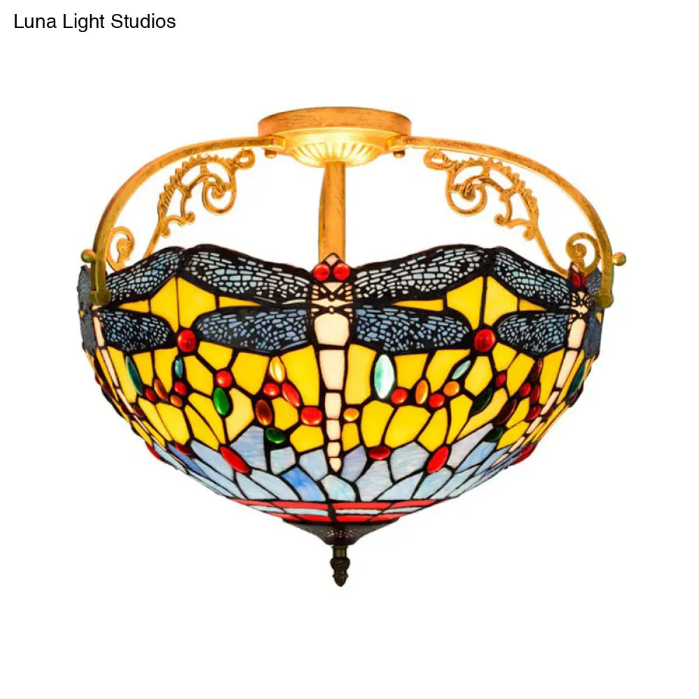 Dragonfly Cut Glass Semi Flush Mount Ceiling Light Fixture - Mediterranean Style 3 Lights