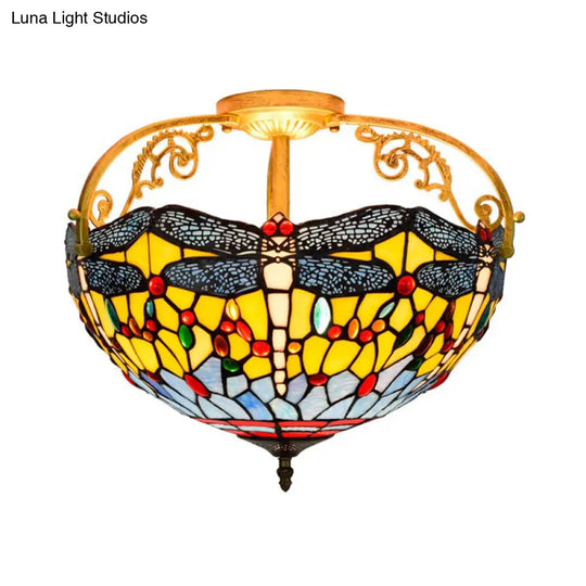 Dragonfly Cut Glass Semi Flush Mount Ceiling Light Fixture - Mediterranean Style 3 Lights