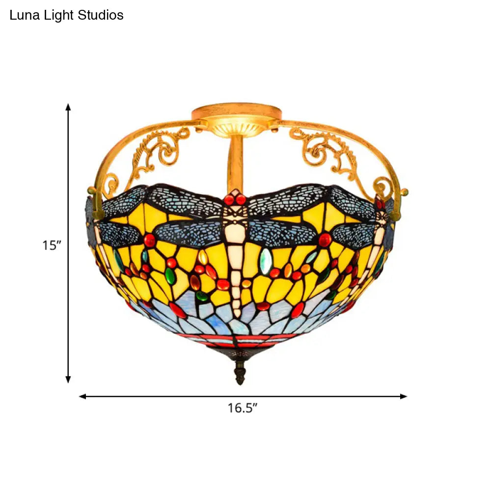 Dragonfly Cut Glass Semi Flush Mount Ceiling Light Fixture - Mediterranean Style 3 Lights