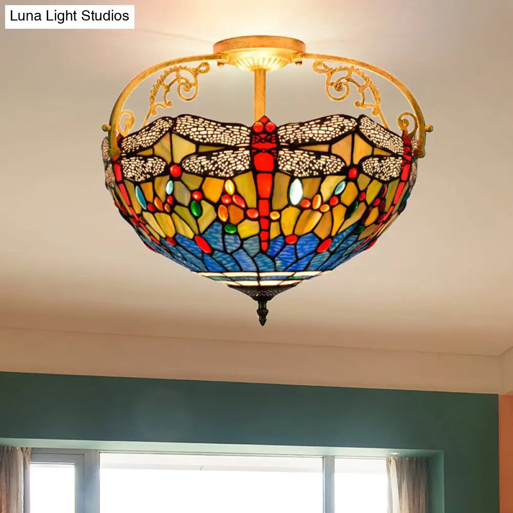 Dragonfly Cut Glass Semi Flush Mount Ceiling Light Fixture - Mediterranean Style 3 Lights