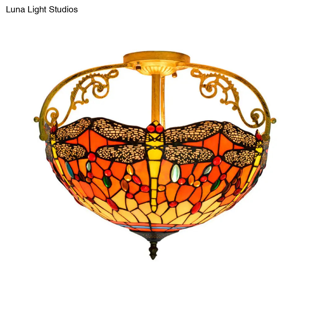 Dragonfly Cut Glass Semi Flush Mount Ceiling Light Fixture - Mediterranean Style 3 Lights