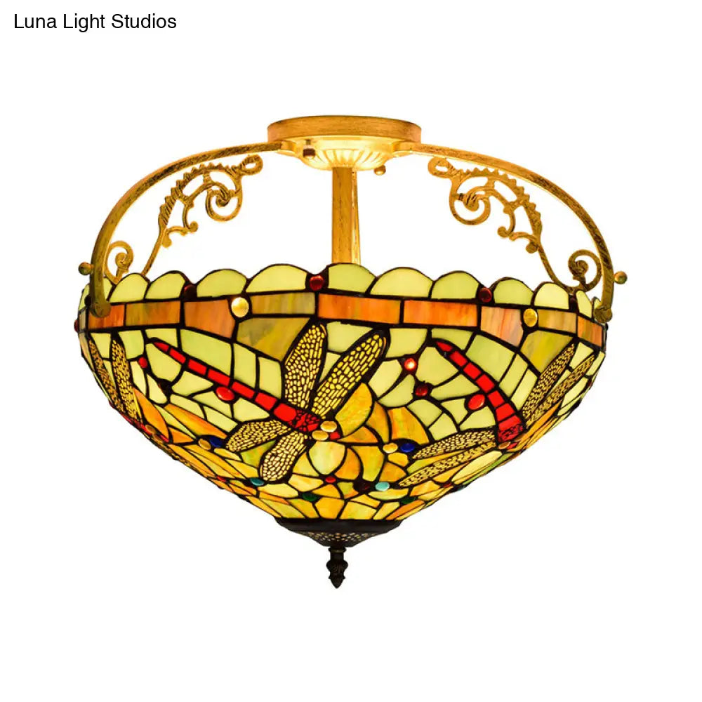 Dragonfly Cut Glass Semi Flush Mount Ceiling Light Fixture - Mediterranean Style 3 Lights