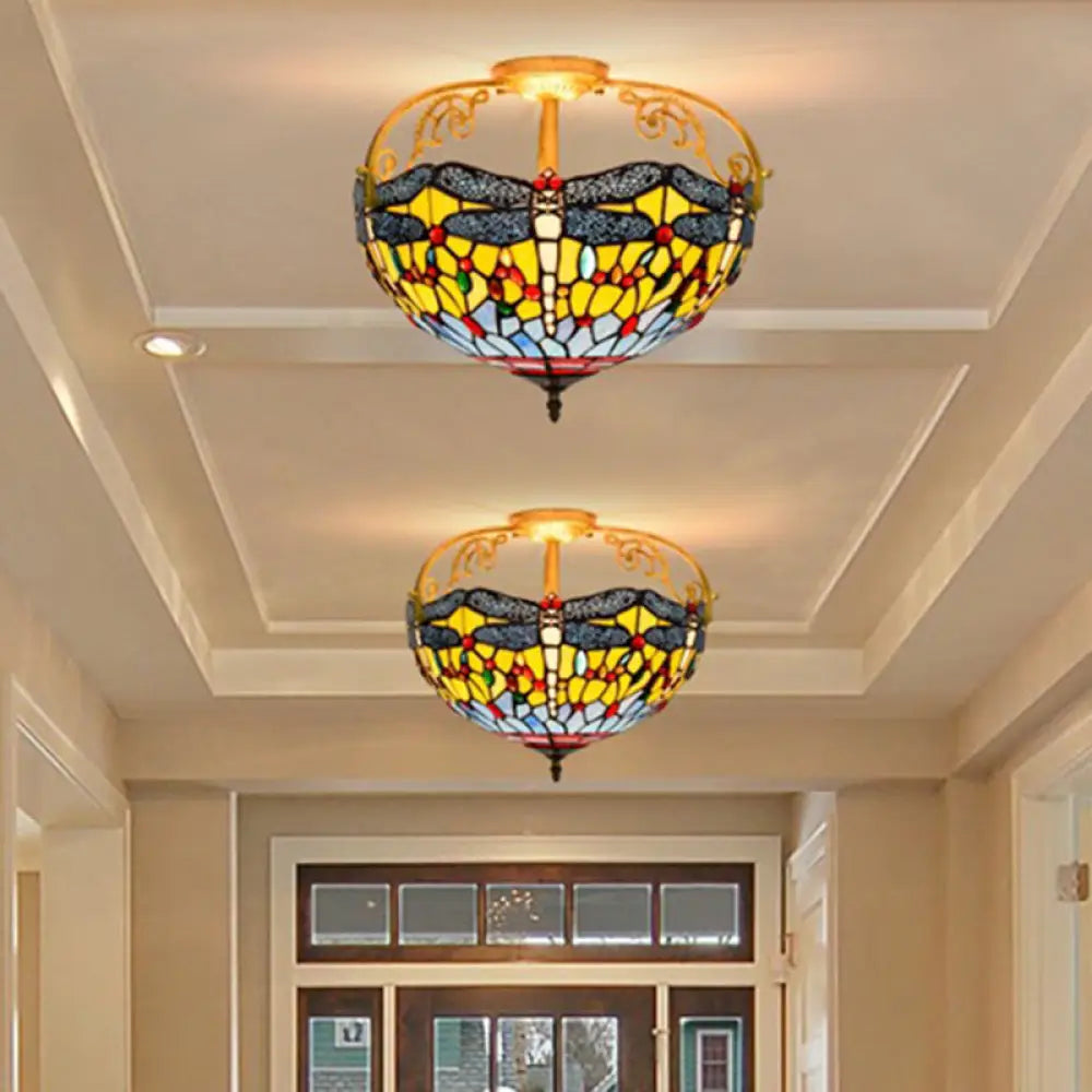 Dragonfly Cut Glass Semi Flush Mount Ceiling Light Fixture - Mediterranean Style 3 Lights