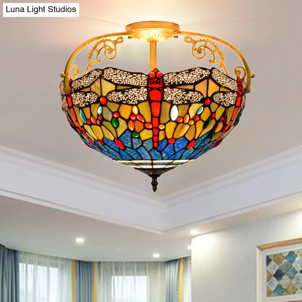 Dragonfly Cut Glass Semi Flush Mount Ceiling Light Fixture - Mediterranean Style 3 Lights