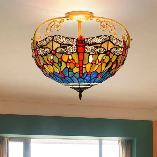 Dragonfly Cut Glass Semi Flush Mount Ceiling Light Fixture - Mediterranean Style 3 Lights