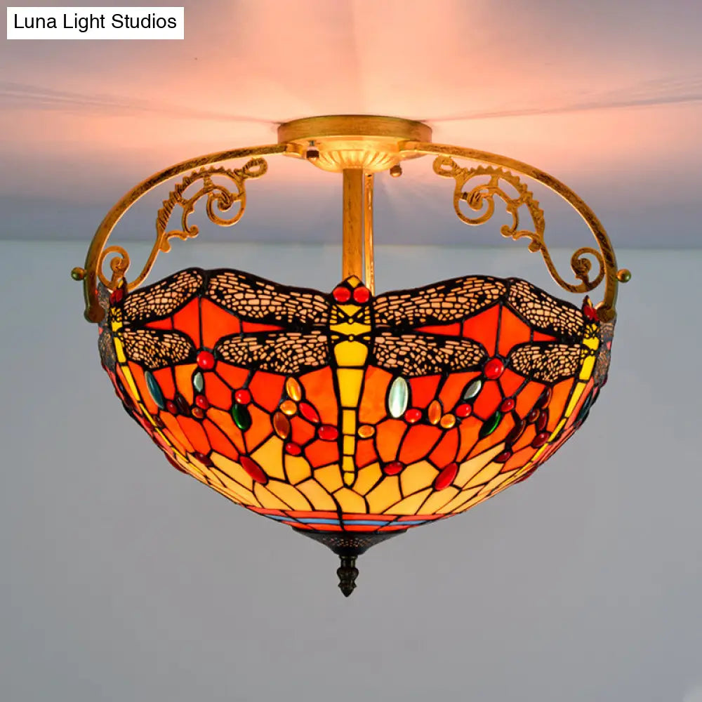 Dragonfly Cut Glass Semi Flush Mount Ceiling Light Fixture - Mediterranean Style 3 Lights