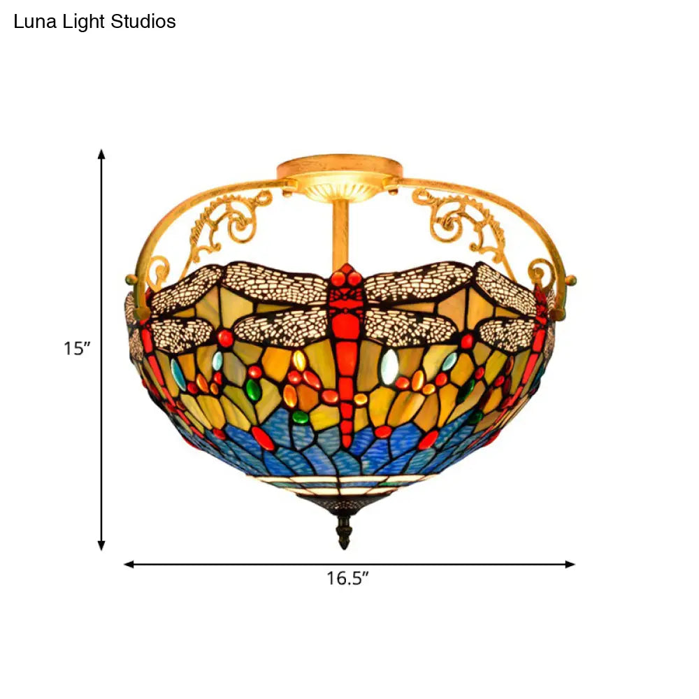 Dragonfly Cut Glass Semi Flush Mount Ceiling Light Fixture - Mediterranean Style 3 Lights