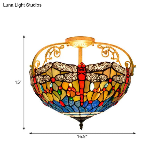 Dragonfly Cut Glass Semi Flush Mount Ceiling Light Fixture - Mediterranean Style 3 Lights