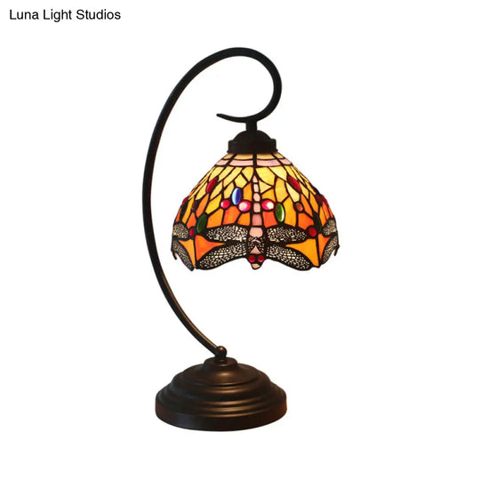 Dragonfly Cut Glass Victorian Desk Lamp - 1 Light Orange/Green Night With Curved Arm For Bedroom