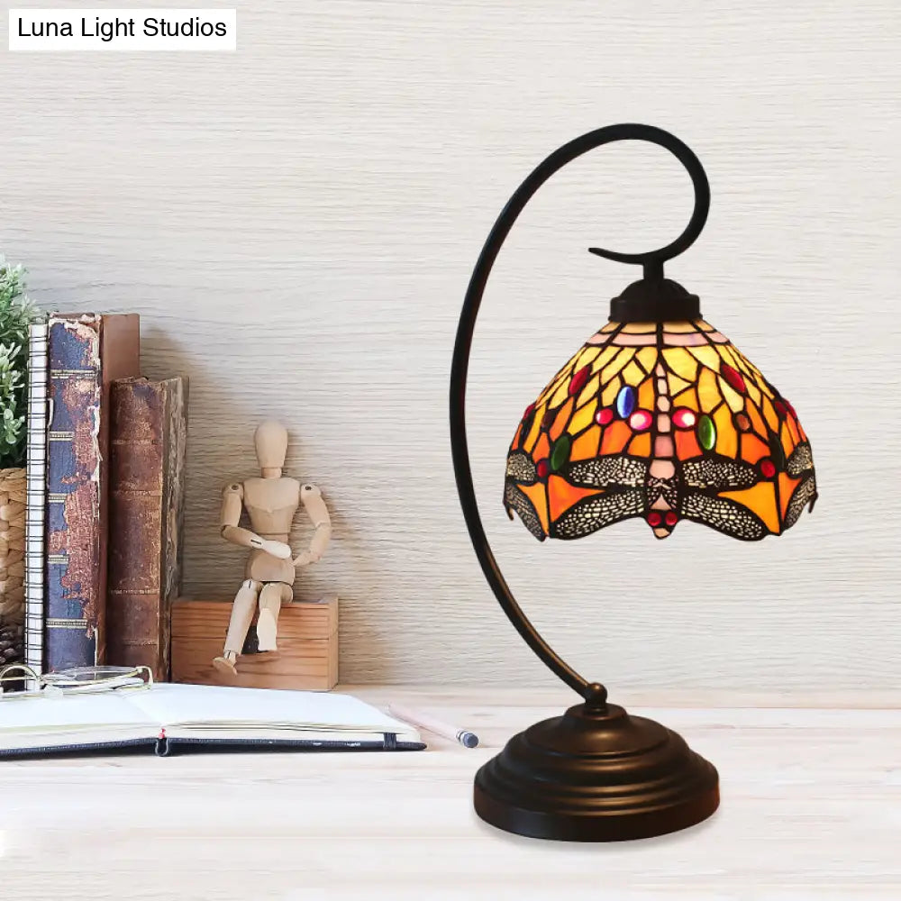 Dragonfly Cut Glass Victorian Desk Lamp - 1 Light Orange/Green Night With Curved Arm For Bedroom