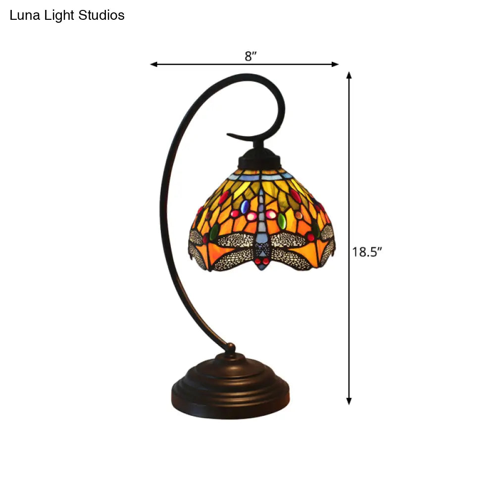 Dragonfly Cut Glass Victorian Desk Lamp - 1 Light Orange/Green Night With Curved Arm For Bedroom