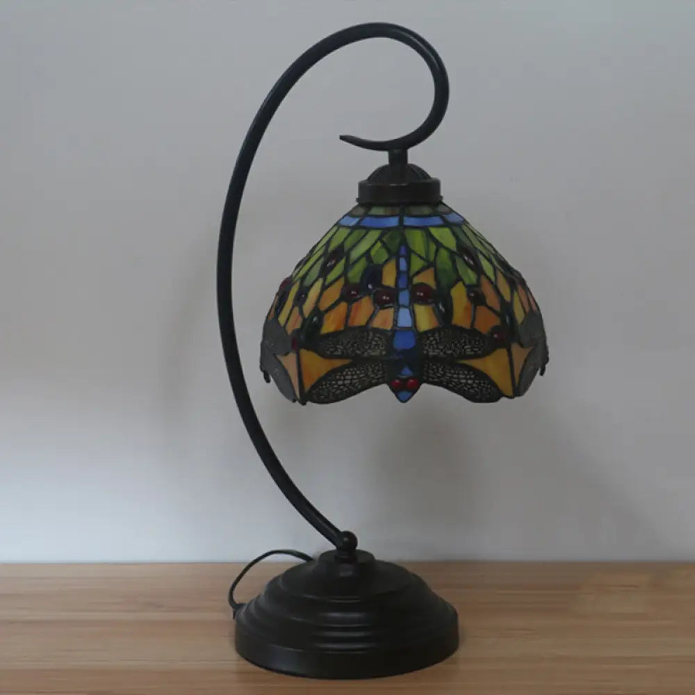 Dragonfly Cut Glass Victorian Desk Lamp - 1 Light Orange/Green Night With Curved Arm For Bedroom