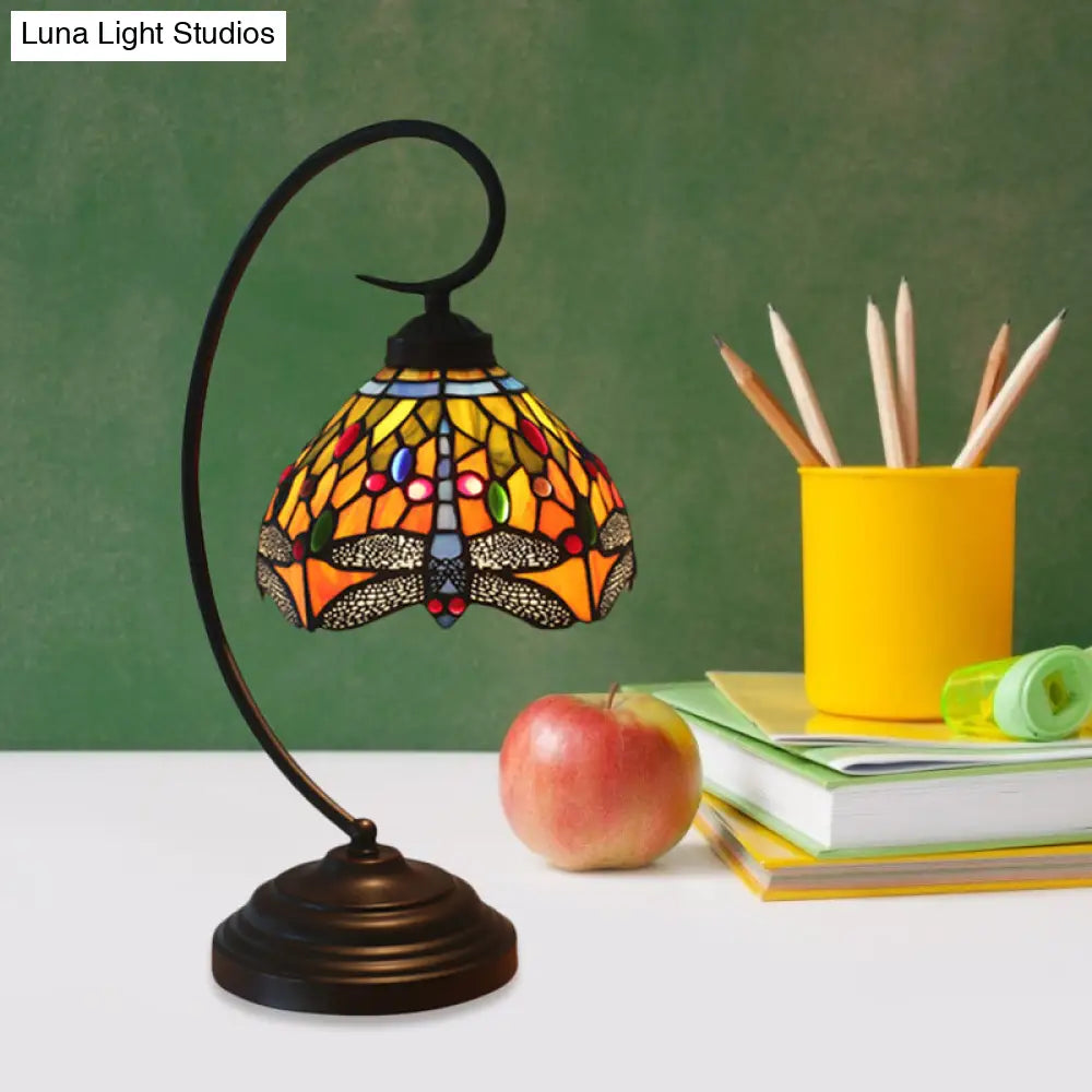 Dragonfly Cut Glass Victorian Desk Lamp - 1 Light Orange/Green Night With Curved Arm For Bedroom