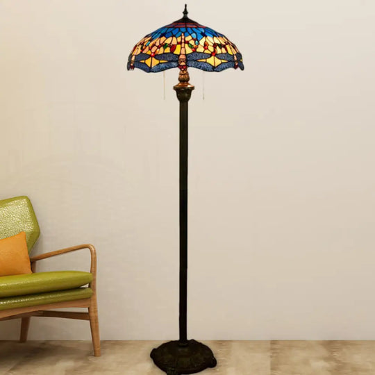 Dragonfly Floor Light - Stained Glass Mediterranean Standing Lamp With 2 Blue Heads And Bowl Shade