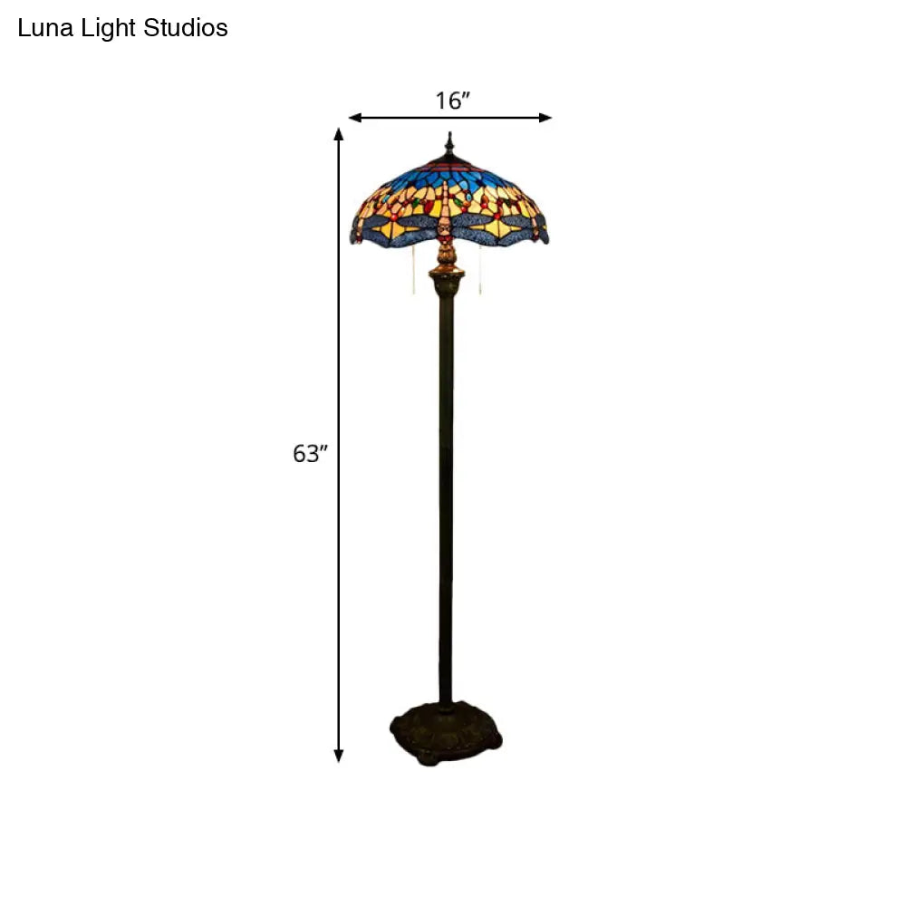 Dragonfly Floor Light - Stained Glass Mediterranean Standing Lamp With 2 Blue Heads And Bowl Shade