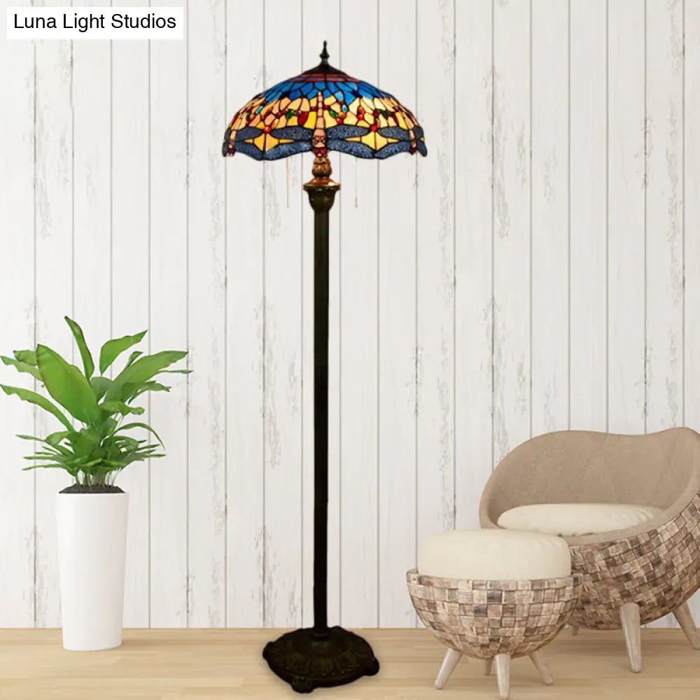 Dragonfly Floor Light - Stained Glass Mediterranean Standing Lamp With 2 Blue Heads And Bowl Shade