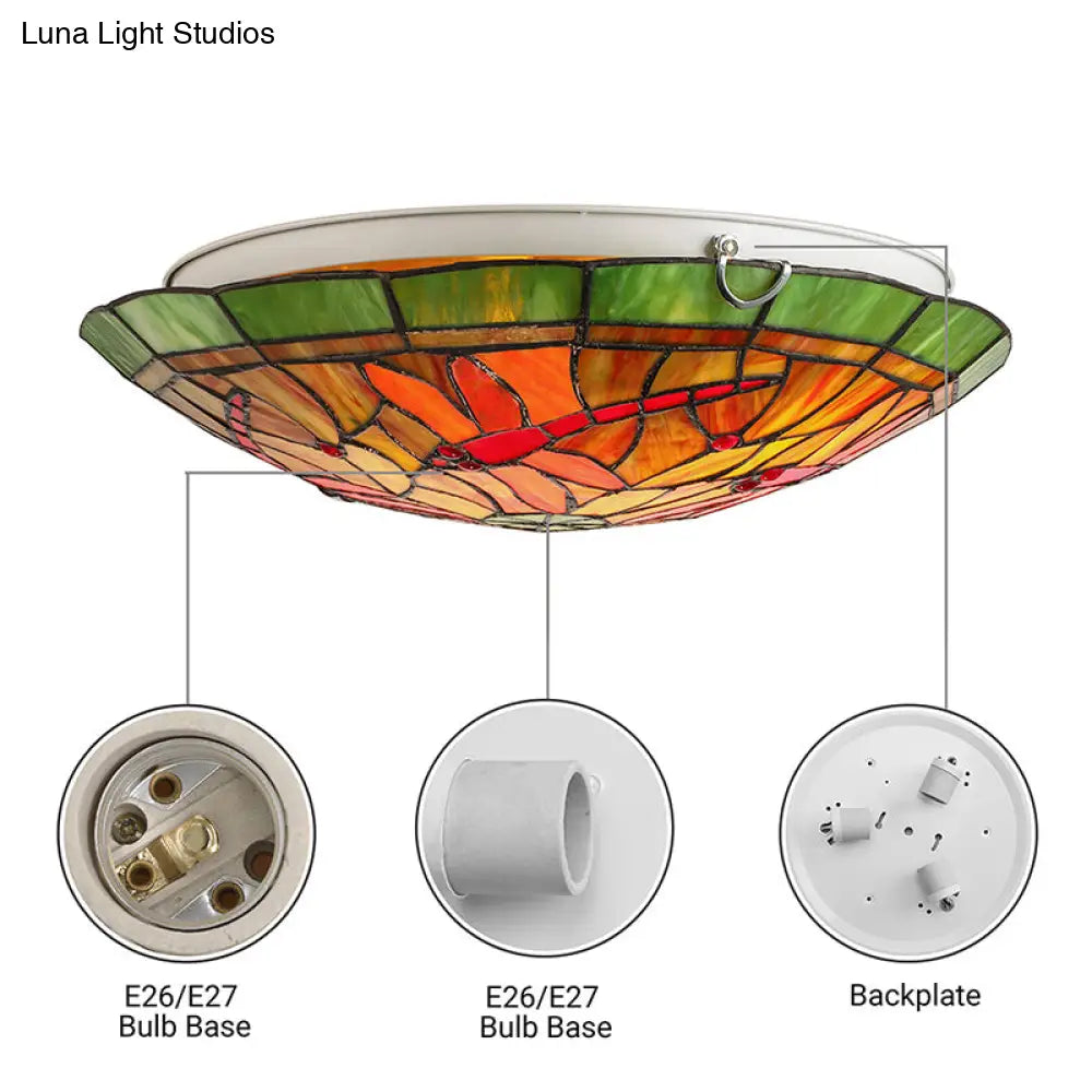 Dragonfly/Floral Stained Glass Flushmount Ceiling Light In Yellow - 3 Bulb Ideal For Living Room