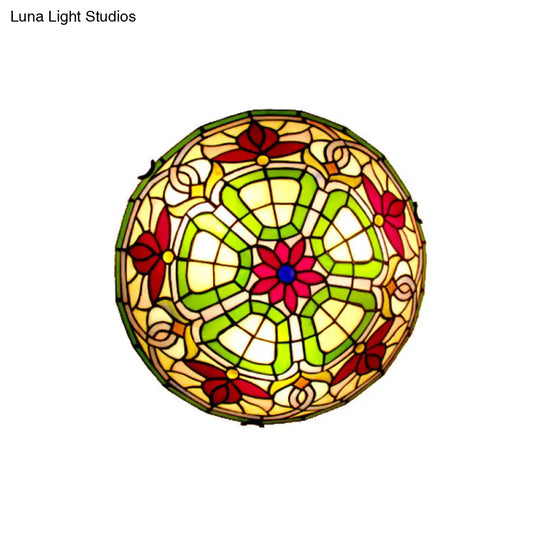 Dragonfly/Floral Stained Glass Flushmount Ceiling Light In Yellow - 3 Bulb Ideal For Living Room