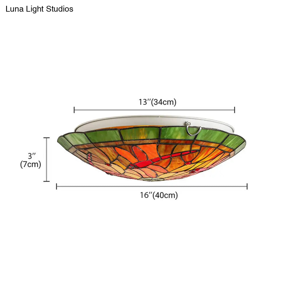 Dragonfly/Floral Stained Glass Flushmount Ceiling Light In Yellow - 3 Bulb Ideal For Living Room