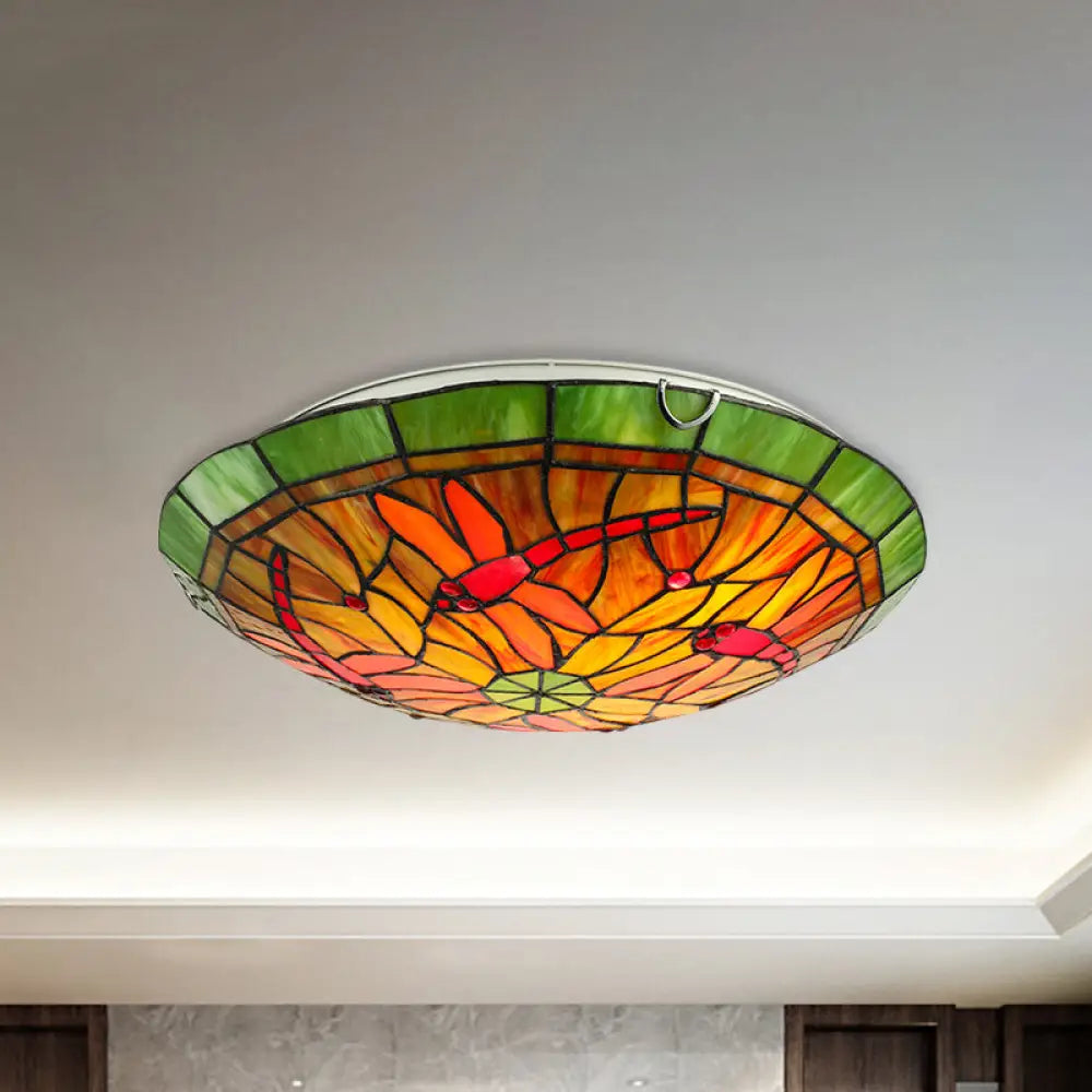 Dragonfly & Floral Stained Glass Lighting Fixture With 3 Bulbs For Living Room Ceiling In Yellow /