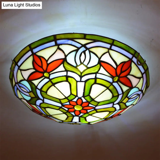 Dragonfly/Floral Stained Glass Flushmount Ceiling Light In Yellow - 3 Bulb Ideal For Living Room /