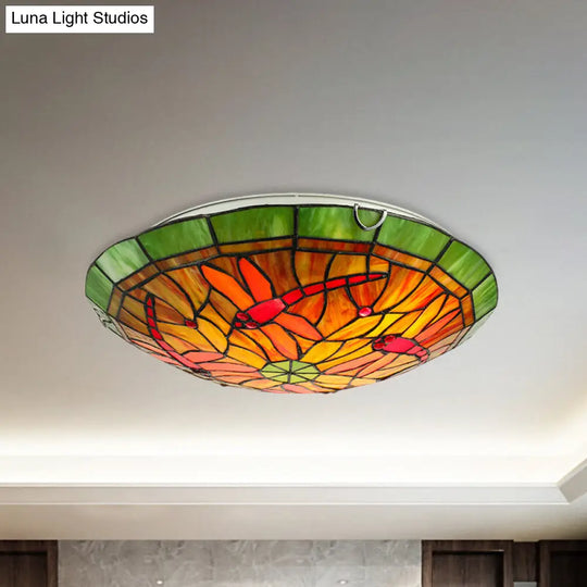 Dragonfly/Floral Stained Glass Flushmount Ceiling Light In Yellow - 3 Bulb Ideal For Living Room /