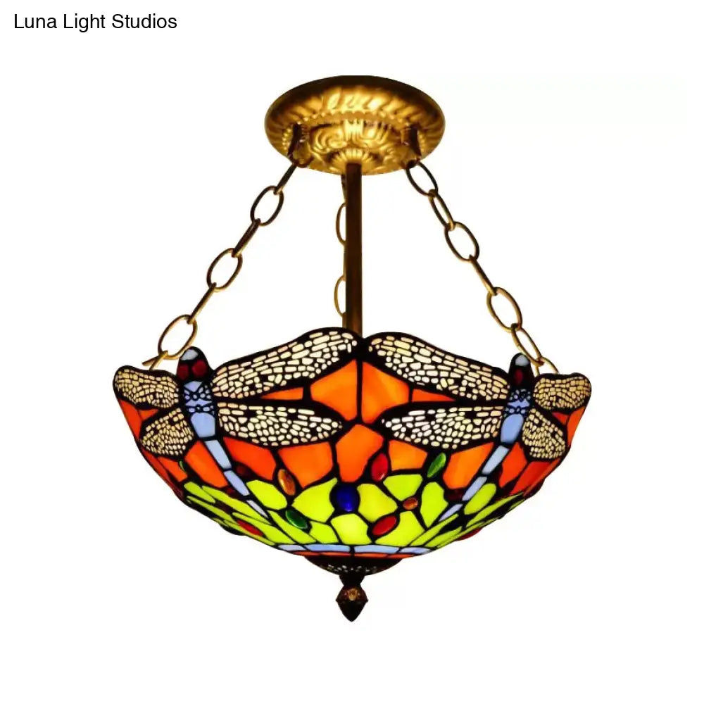 Dragonfly Led Baroque Ceiling Lighting In Aged Brass - Stained Glass Shade For Bedroom