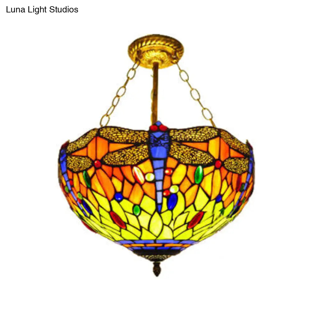 Dragonfly Led Baroque Ceiling Lighting In Aged Brass - Stained Glass Shade For Bedroom Orange / 16