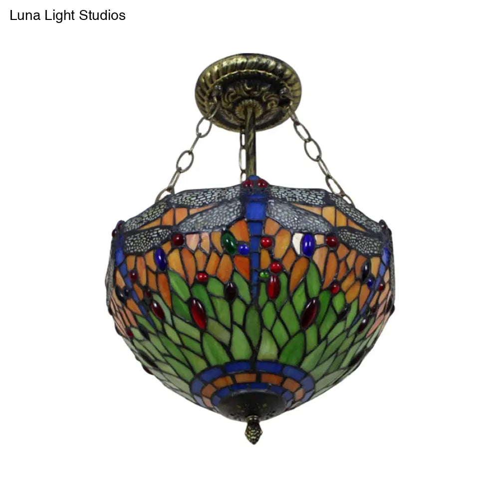 Dragonfly Led Baroque Ceiling Lighting In Aged Brass - Stained Glass Shade For Bedroom