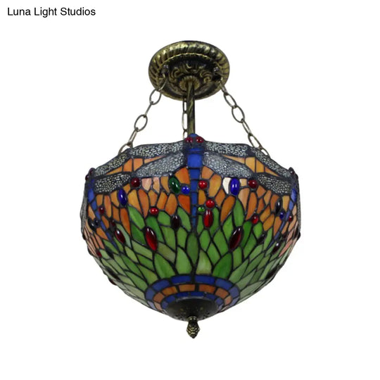 Dragonfly Led Baroque Ceiling Lighting In Aged Brass - Stained Glass Shade For Bedroom