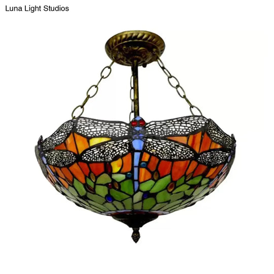 Dragonfly Led Baroque Ceiling Lighting In Aged Brass - Stained Glass Shade For Bedroom