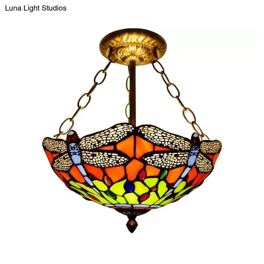 Dragonfly Led Baroque Ceiling Lighting In Aged Brass - Stained Glass Shade For Bedroom