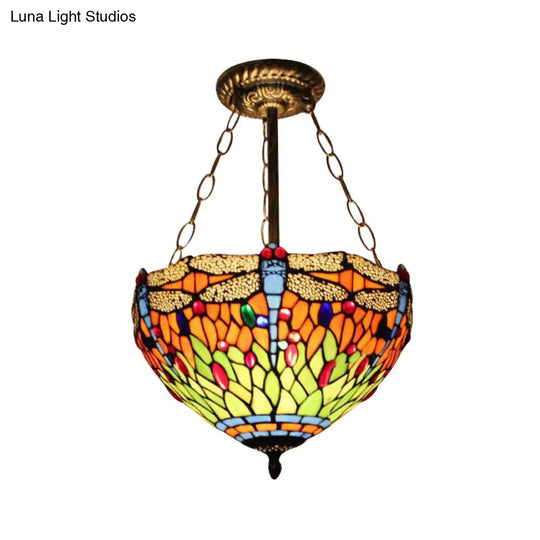 Dragonfly Led Baroque Ceiling Lighting In Aged Brass - Stained Glass Shade For Bedroom Orange / 12