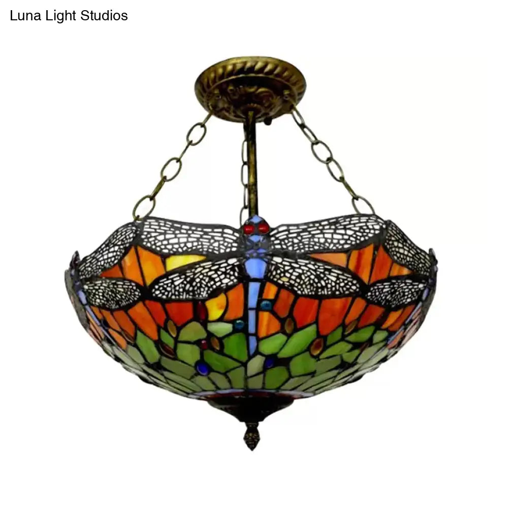 Dragonfly Led Baroque Ceiling Lighting In Aged Brass - Stained Glass Shade For Bedroom