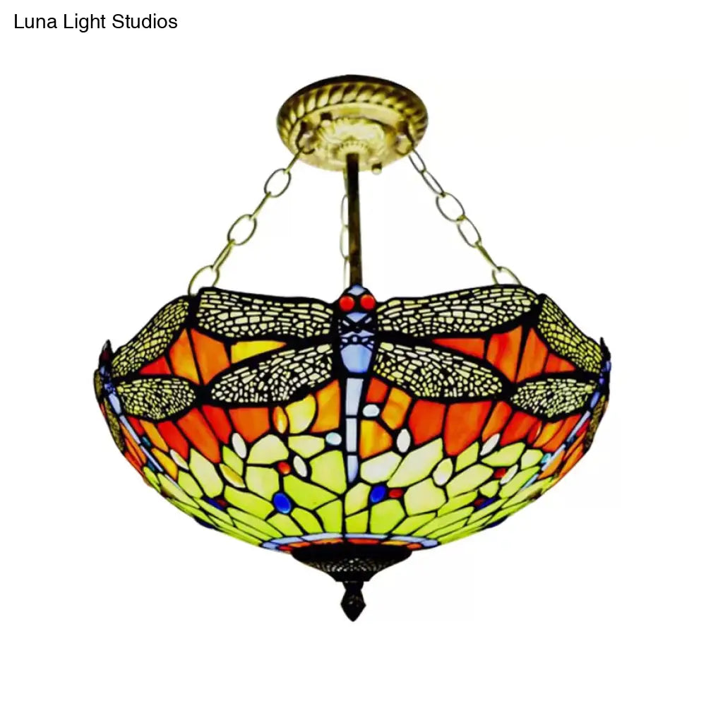 Dragonfly Led Baroque Ceiling Lighting In Aged Brass - Stained Glass Shade For Bedroom