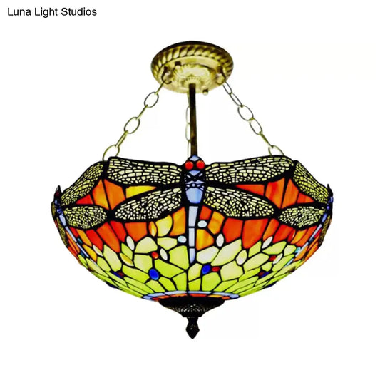 Dragonfly Led Baroque Ceiling Lighting In Aged Brass - Stained Glass Shade For Bedroom