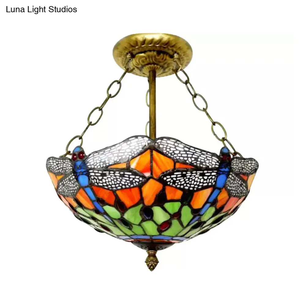 Dragonfly Led Baroque Ceiling Lighting In Aged Brass - Stained Glass Shade For Bedroom