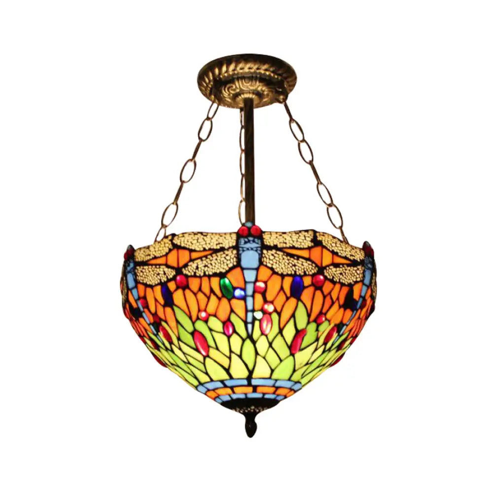 Dragonfly Led Baroque Ceiling Lighting In Aged Brass - Stained Glass Shade For Bedroom Orange / 12’