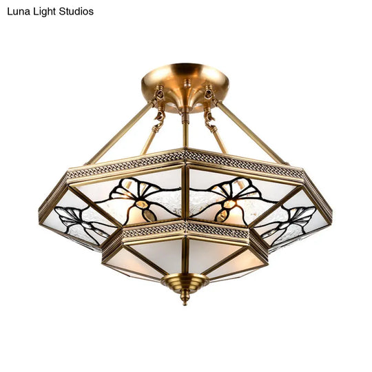 Dragonfly Pattern 4-Light Brass Semi Flush Mount Lamp With Countryside Cream Glass Tapered Drawing