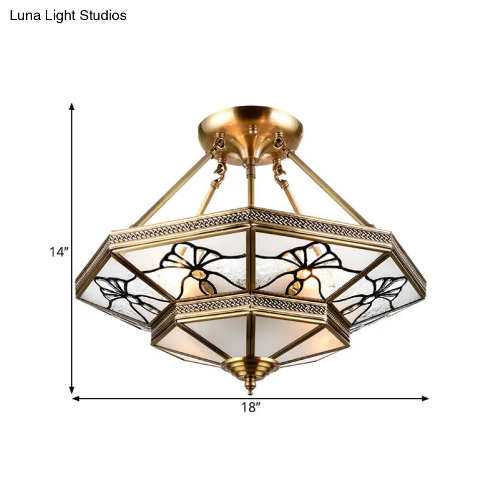 Dragonfly Pattern 4-Light Brass Semi Flush Mount Lamp With Countryside Cream Glass Tapered Drawing