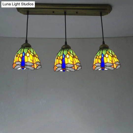 Mediterranean Pendant Lighting Fixture With Dragonfly Pattern - Cut Glass Drop Lamp Dome (3-Bulb)