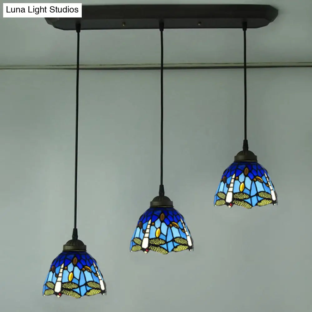 Mediterranean Pendant Lighting Fixture With Dragonfly Pattern - Cut Glass Drop Lamp Dome (3-Bulb)